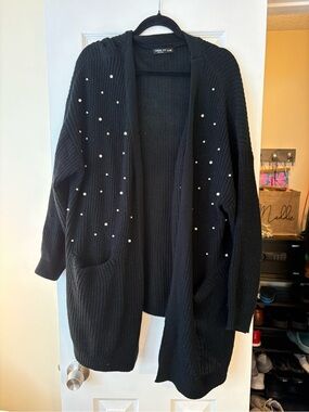 SHEIN Black Open-Front Cardigan with Pearl Accents